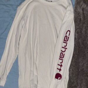 cream and pink colored long sleeve, carhartt